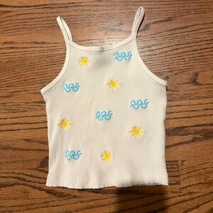 Zara Cream Ribbed Tank with Yellow Sun & Blue Wave Embroidery